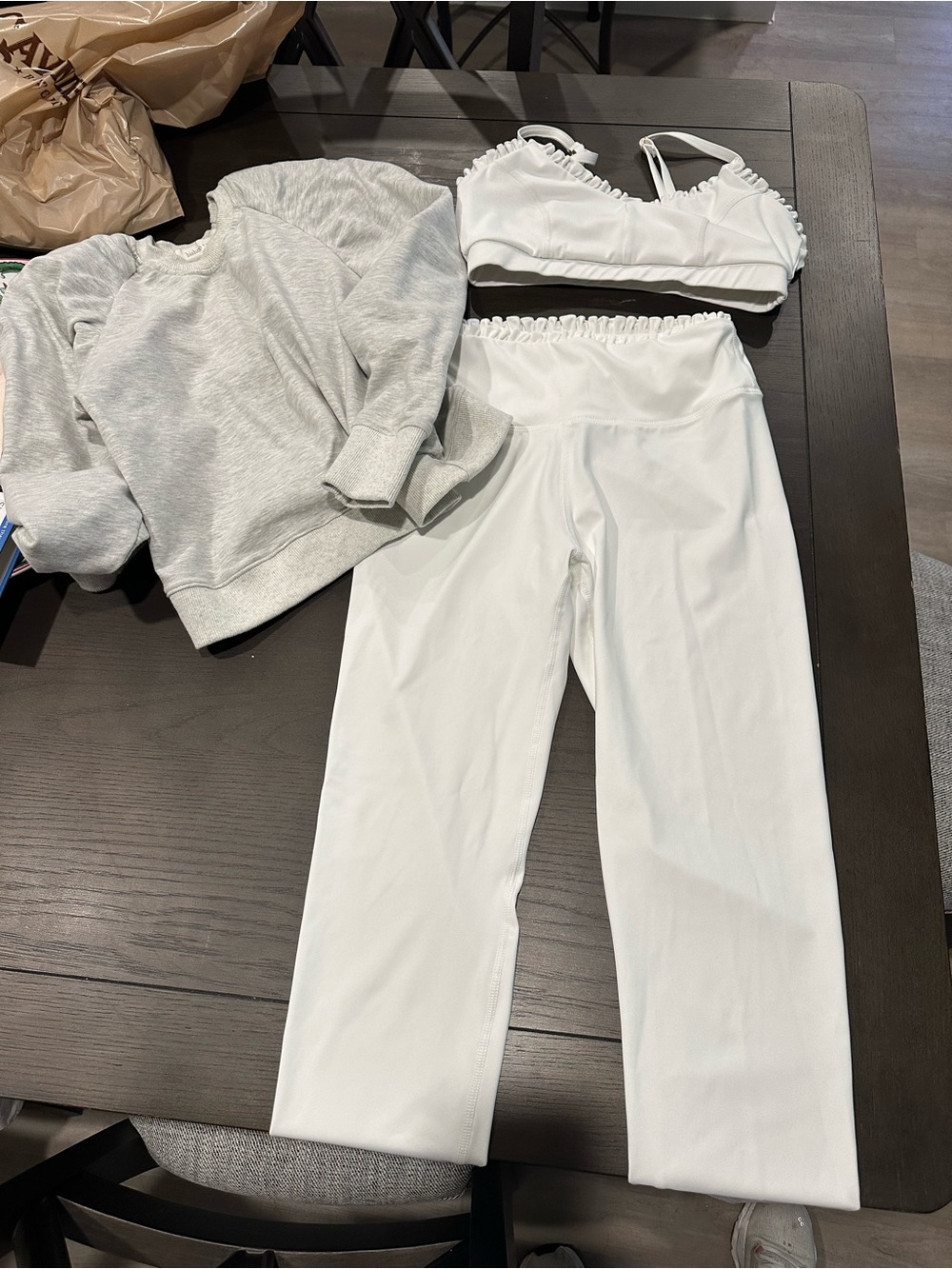 White Ruffled Sports Bra & High-Waist Leggings Set with puff shoulder sweatshirt
